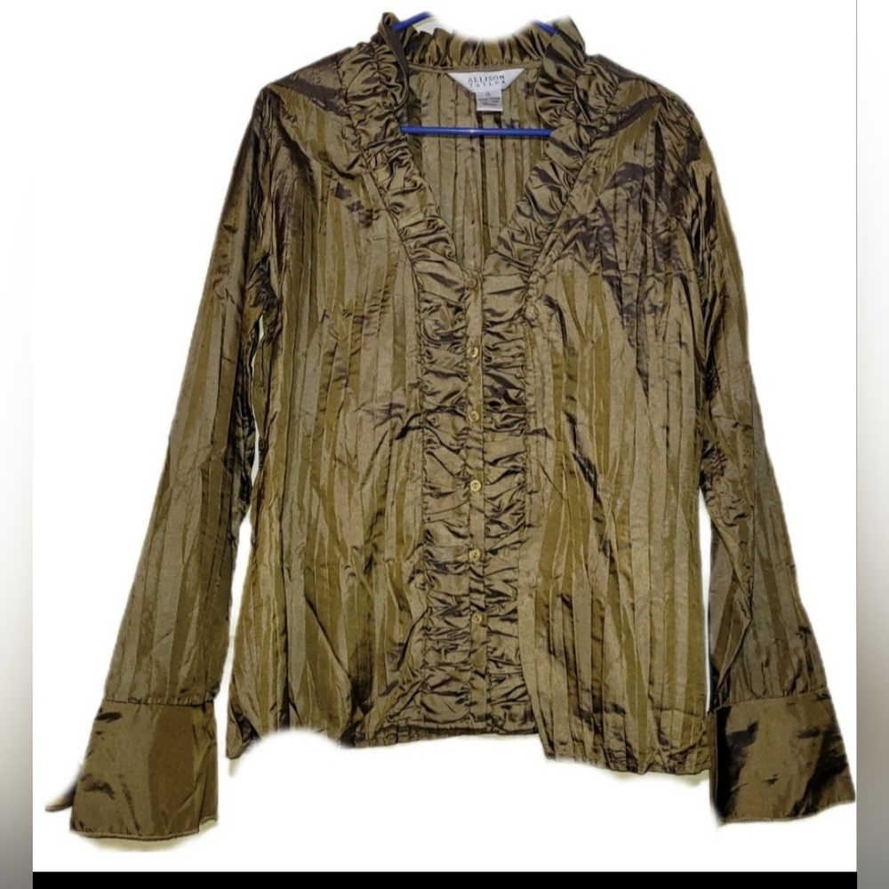Allison Taylor Formal Metallic  Button Up Ruffled Pleated Blouse XL Bronze Gold